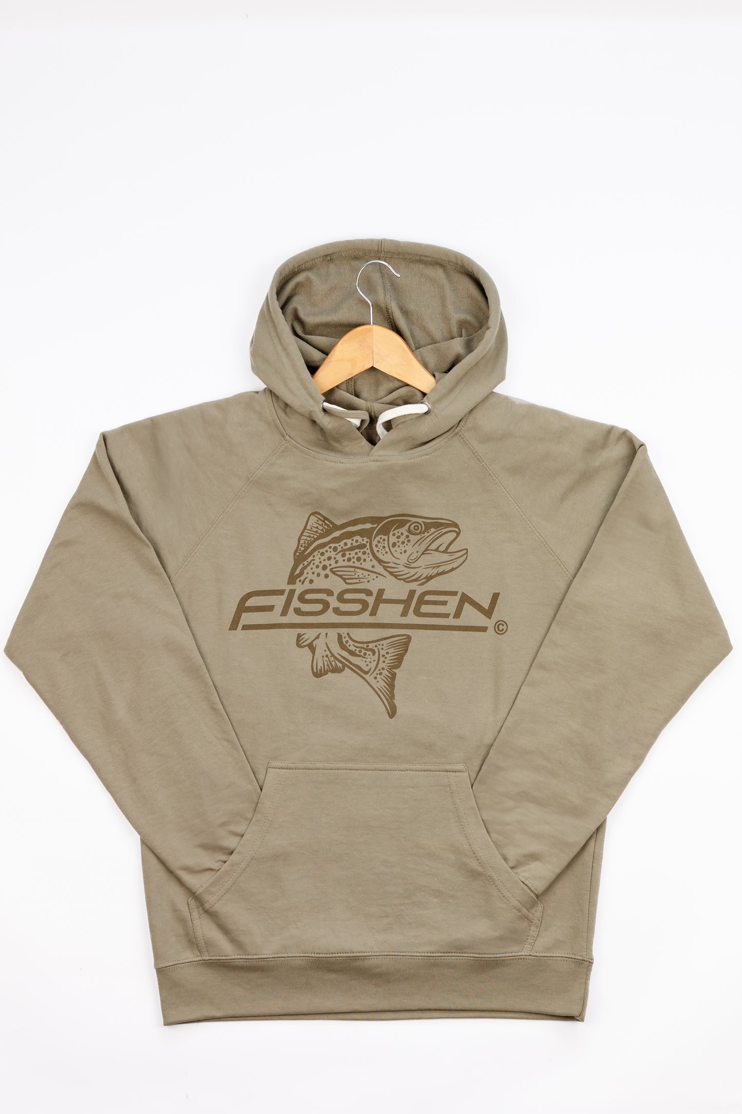 Moss green big trout logo hoodie with front pocket and drawstring hood