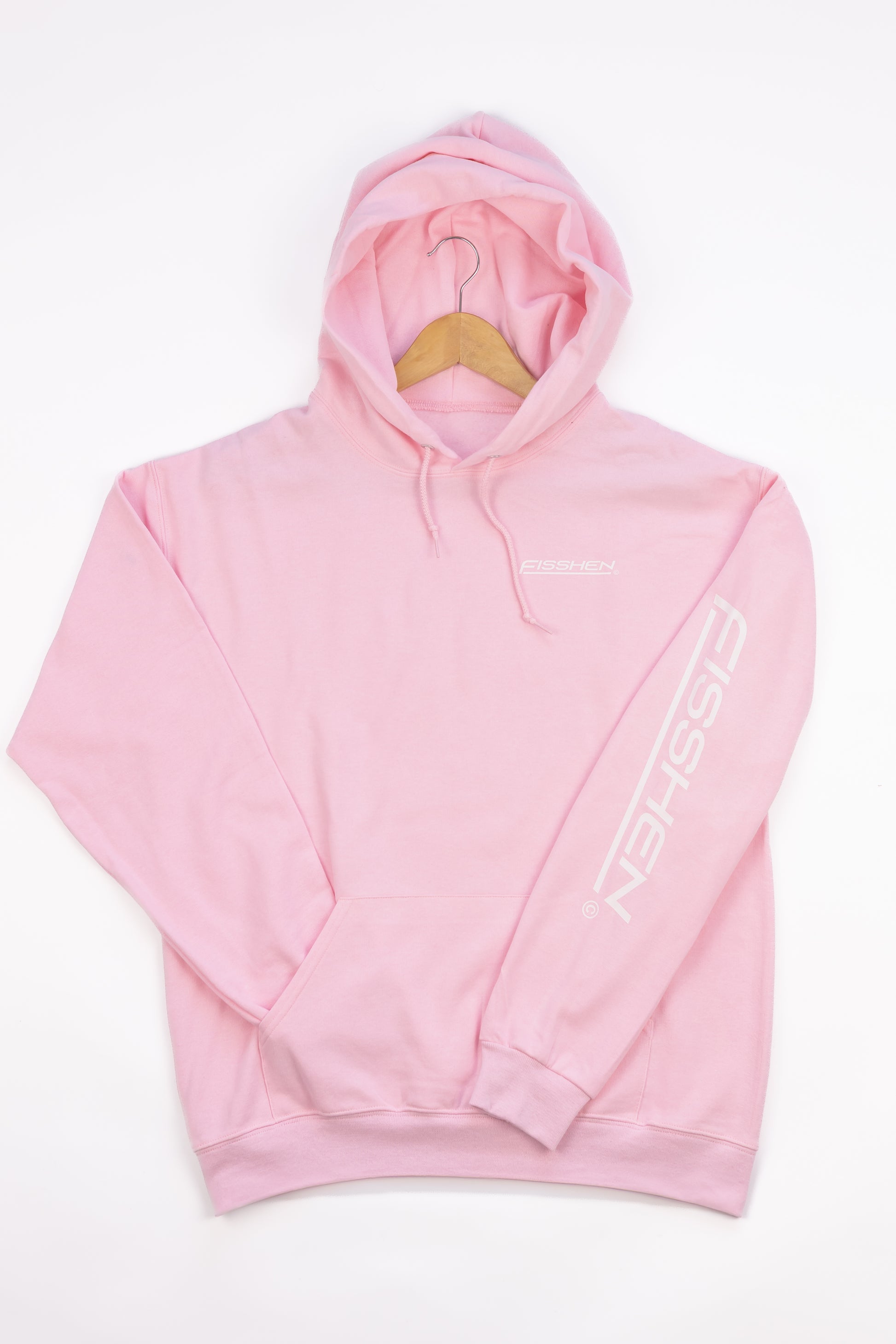 Pink Fisshen co soft style hoodie classic Fisshen Co down the arm and left chest