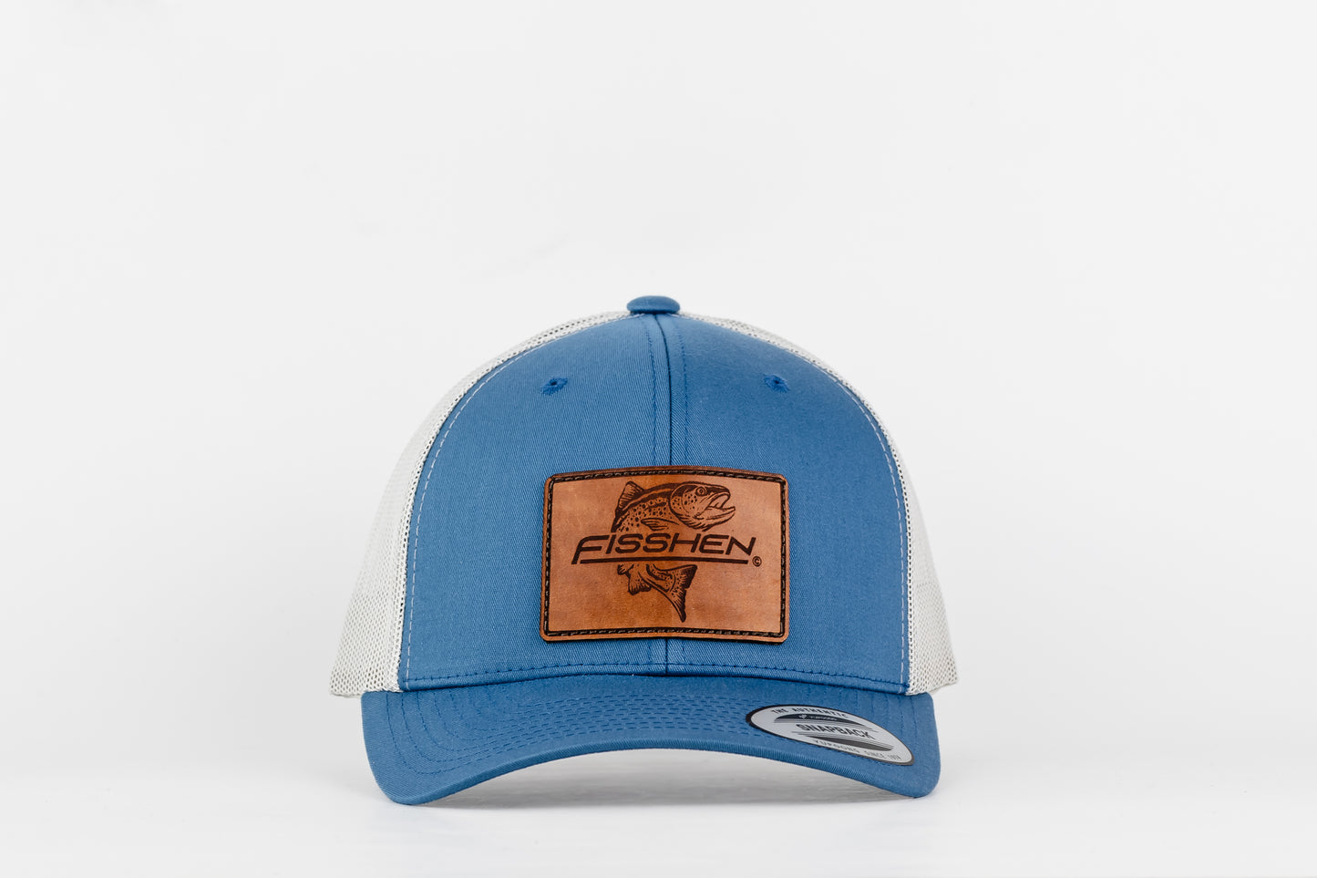Trout Logo Leather Patch Front Centre on a meshback Trucker Style Hat