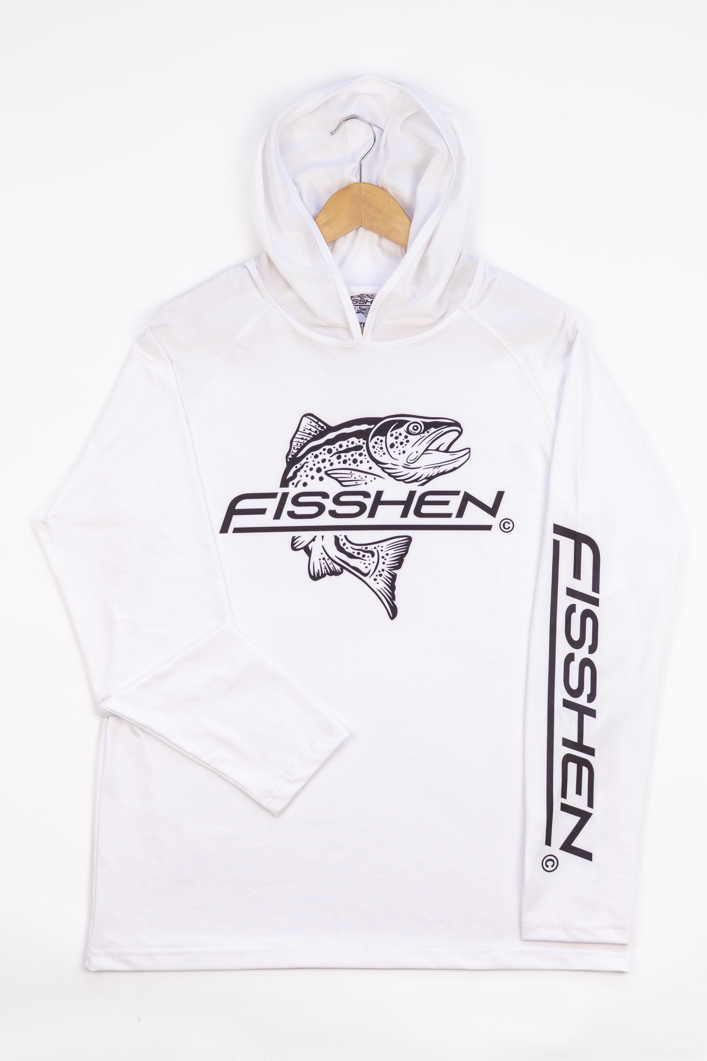 White Spf long sleeve shirt with mesh hood and trout logo front centre