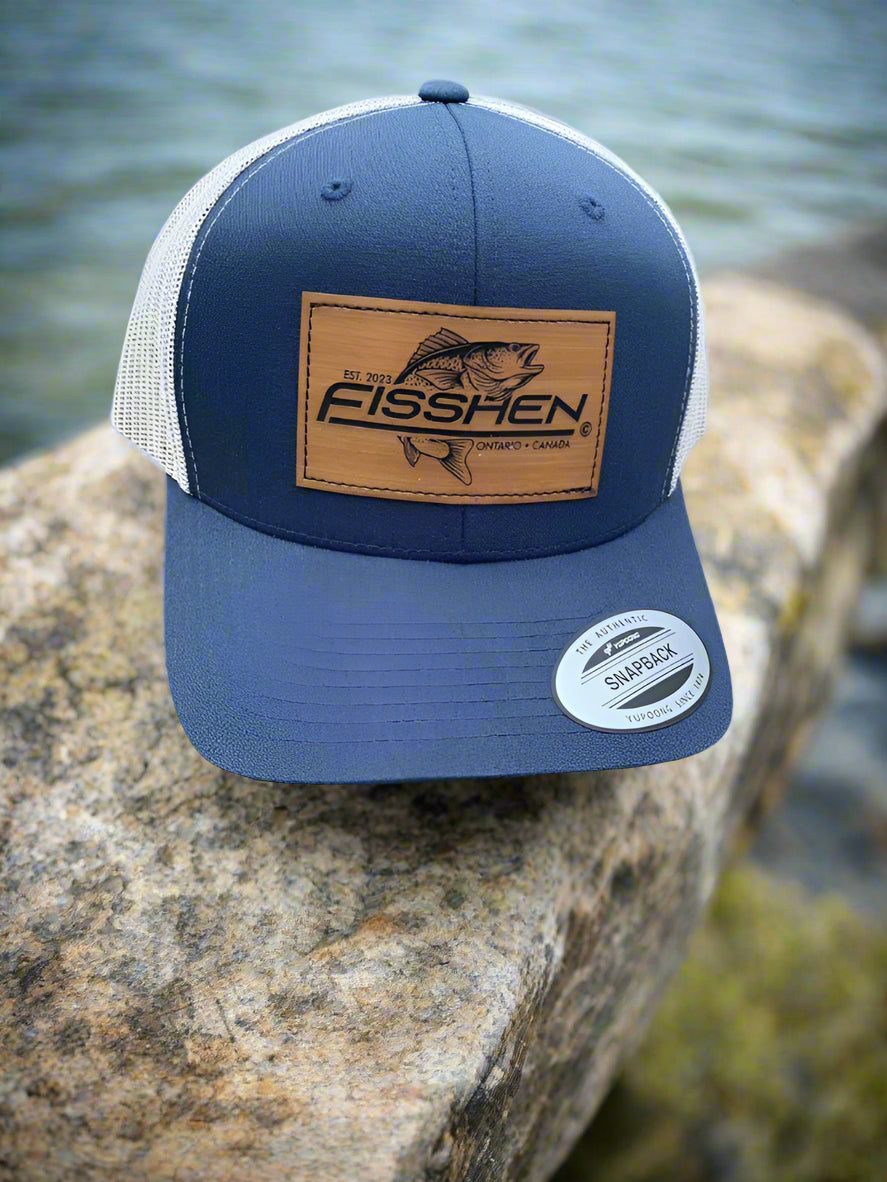 Denim Blue Trucker hat with adjustable plastic Snapback Bamboo Patch with laser Engraved Fisshen trout Logo