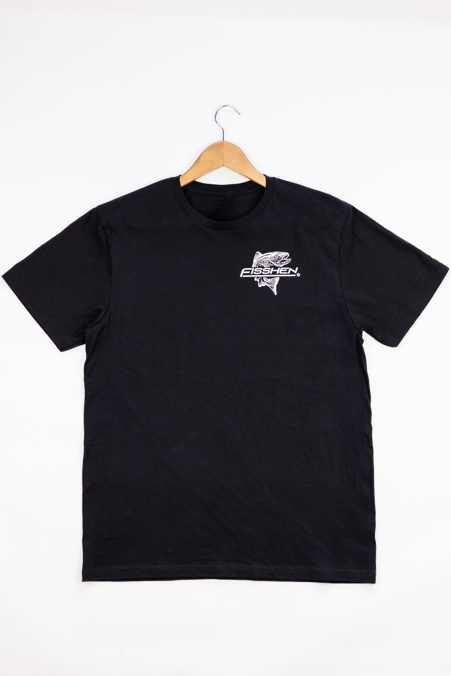 trout logo left chest Fisshen T-shirt. Black colour, soft cotton blend