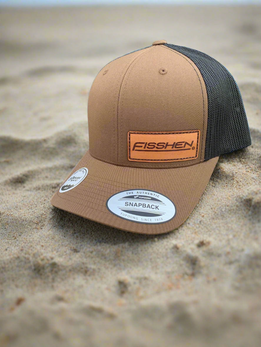 Brown Trucker Hat Plastic Snapback Left Centre Leather Patch with Engraved Fisshen Logo