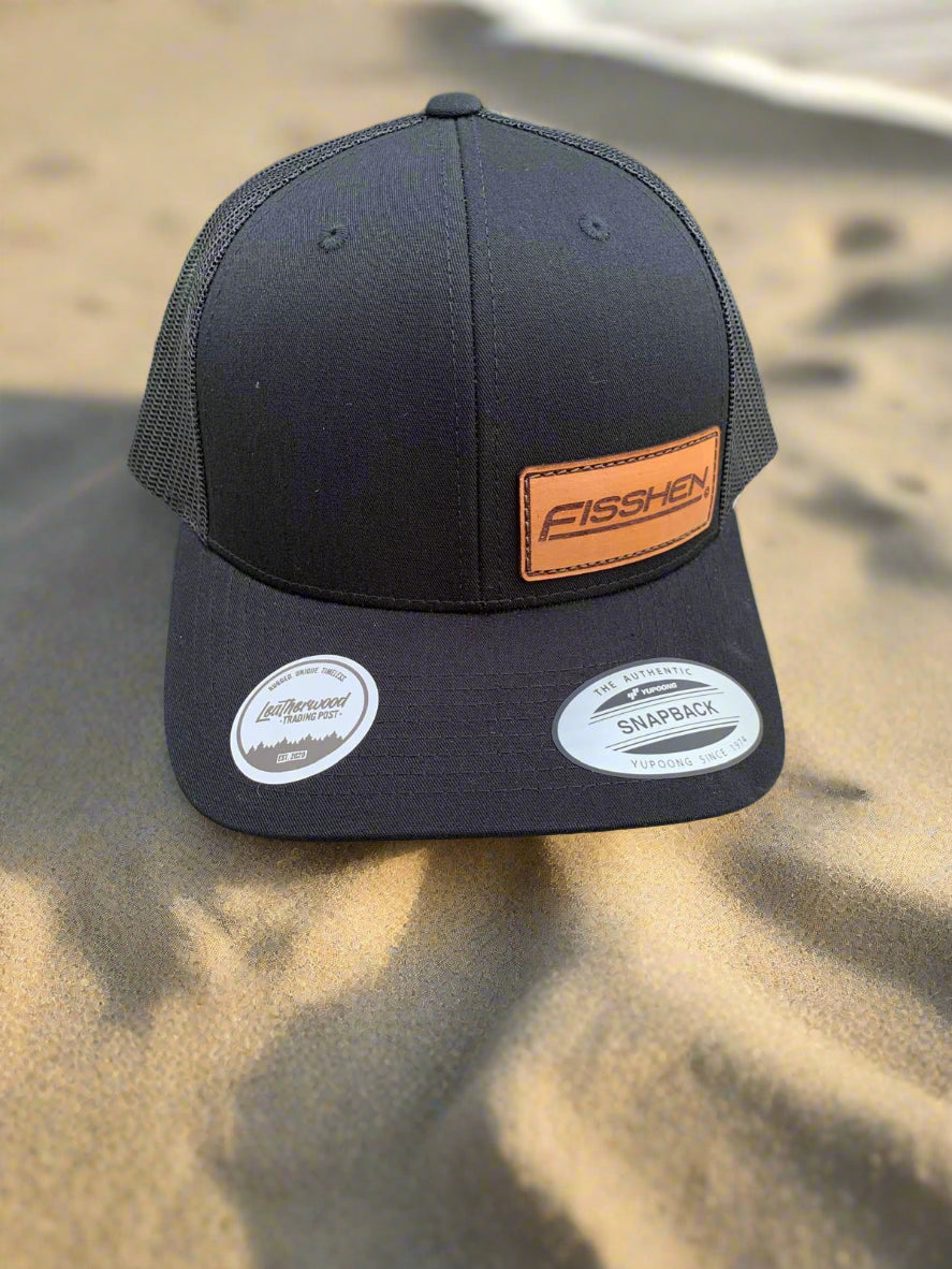 Black Trucker Hat Plastic Snapback Left Centre Leather Patch with Engraved Fisshen Logo