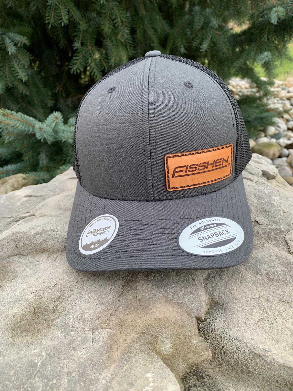 Charcoal Trucker Hat adjustable Plastic Snapback Left Centre Leather Patch with laser Engraved Fisshen Logo