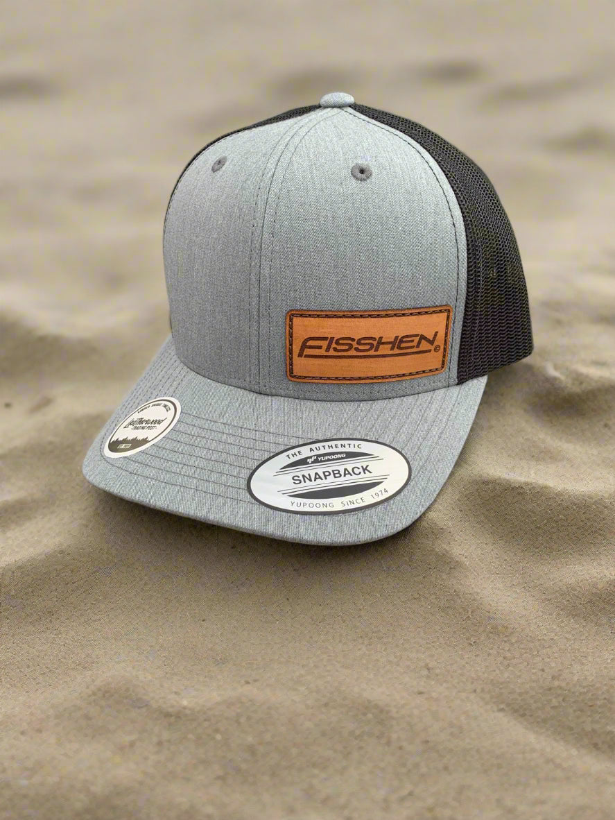 Grey Trucker Hat Plastic adjustable Snapback Left Centre Leather Patch with Engraved Fisshen Logo