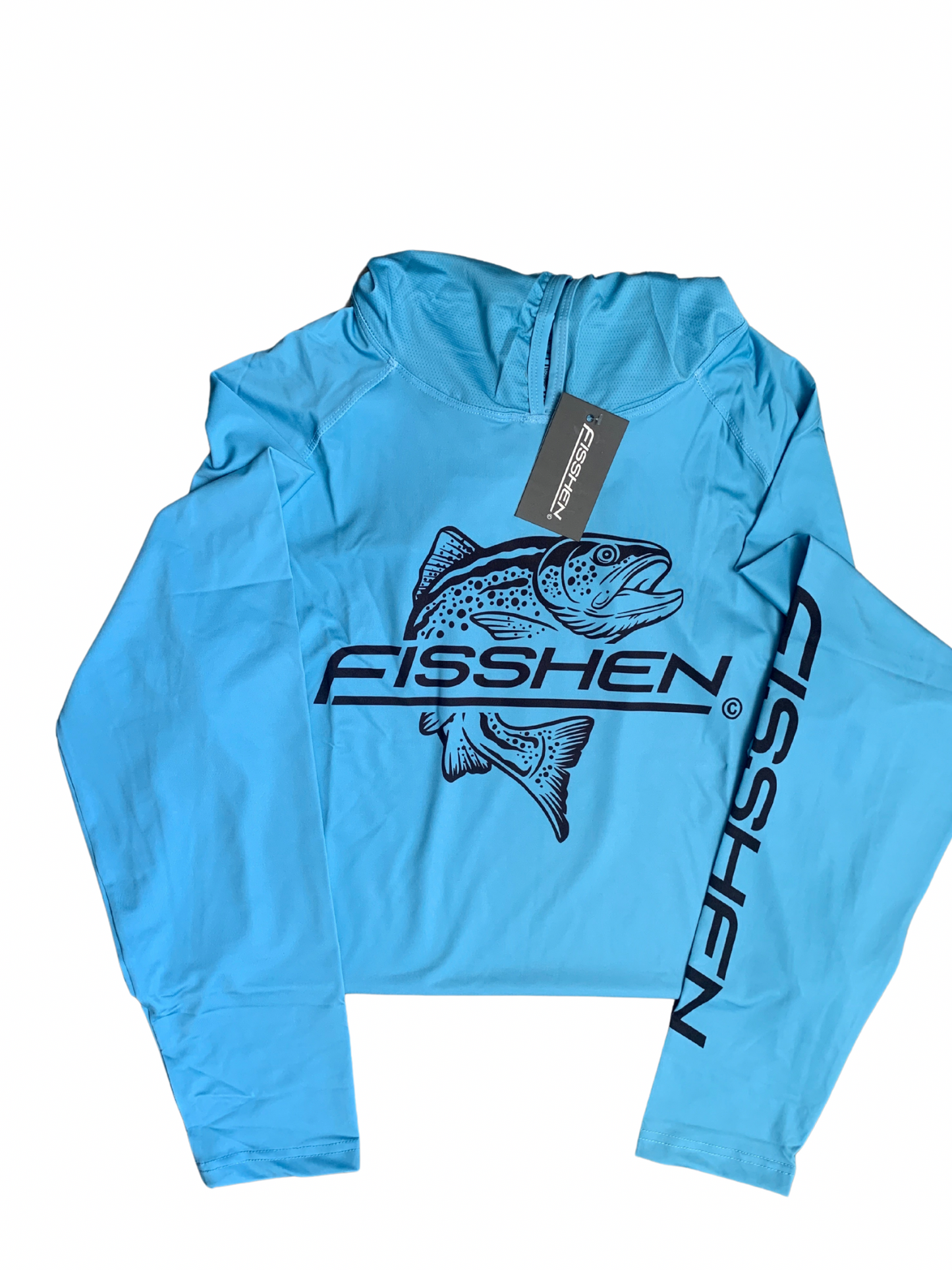 light blue fisshen co trout logo front centre, breathable mesh hood, light weight uv protection