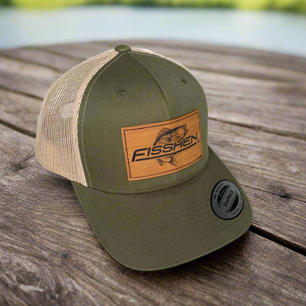 Moss Green Trucker hat with adjustable plastic Snapback with Bamboo laser Engraved Fisshen trout Logo