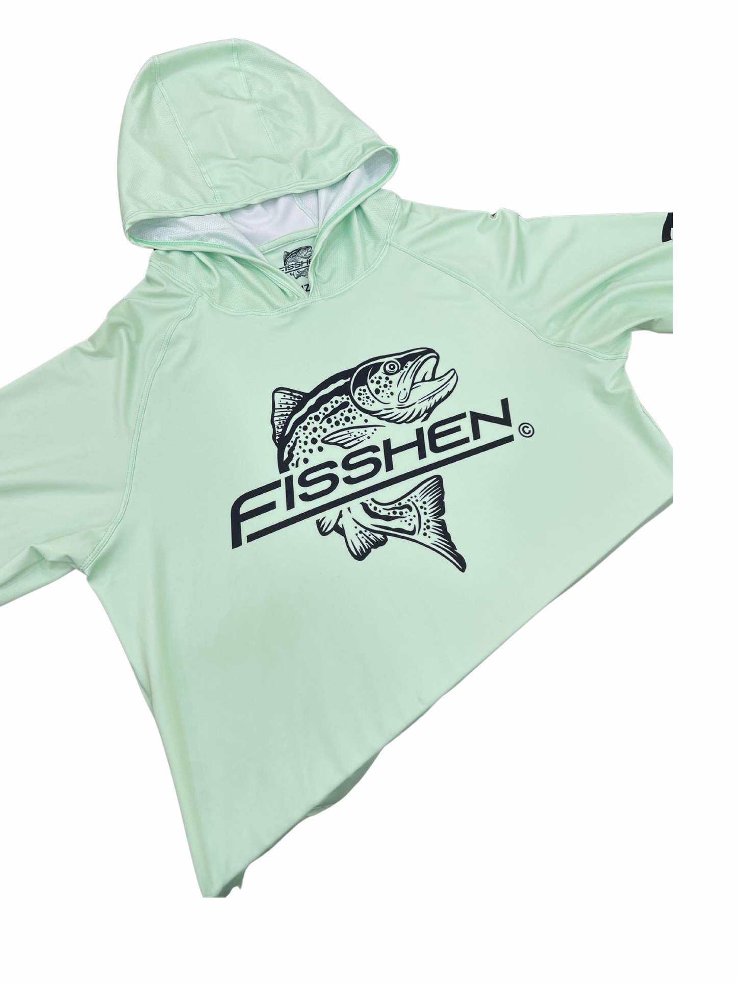 seafoam green spf long sleeve shirt with mesh hood, trout fisshen logo on front and down arm