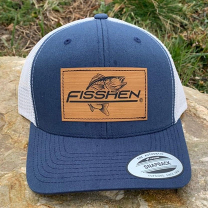Fishing design with the word Fisshen. Trout image on bamboo patch. Hat is Navy front and gray back