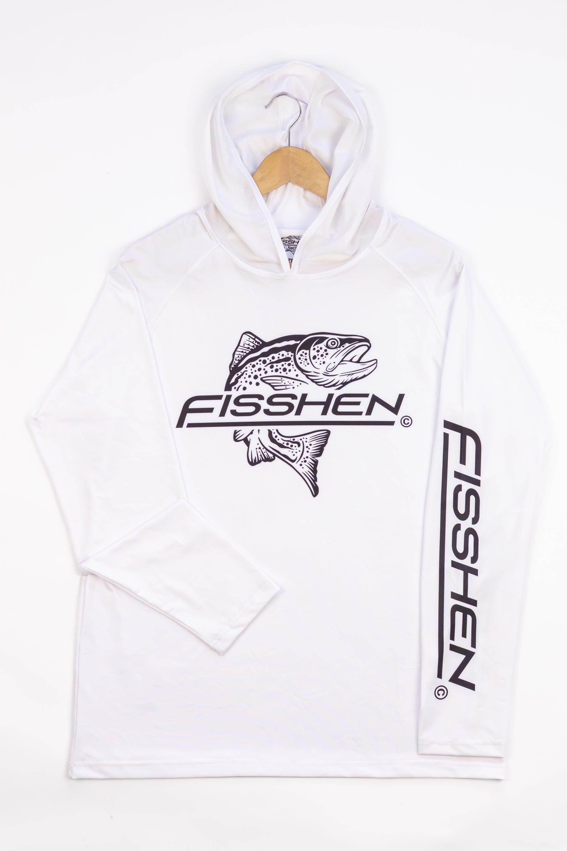 White Spf long sleeve shirt with mesh hood and trout logo front centre
