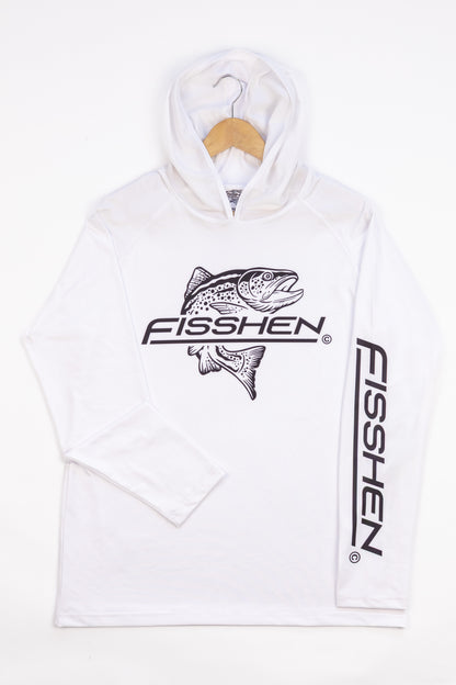 White Spf long sleeve shirt with mesh hood and trout logo front centre