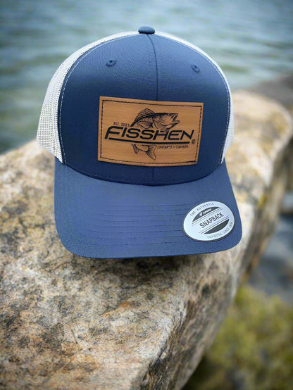 Denim Blue Trucker hat with adjustable plastic Snapback Bamboo Patch with laser Engraved Fisshen trout Logo