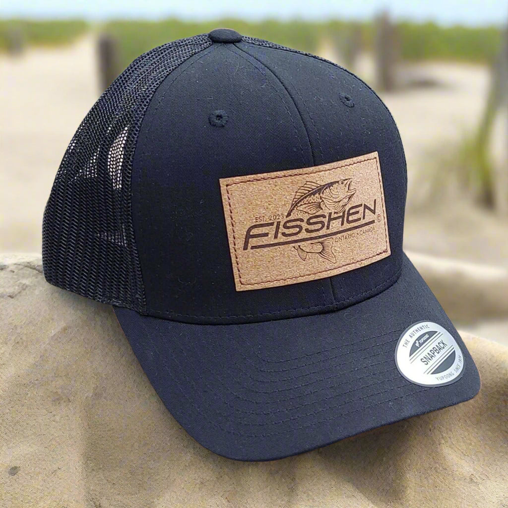 Black colour Trucker hat with adjustable plastic Snapback Cork Patch with laser Engraved Fisshen trout Logo