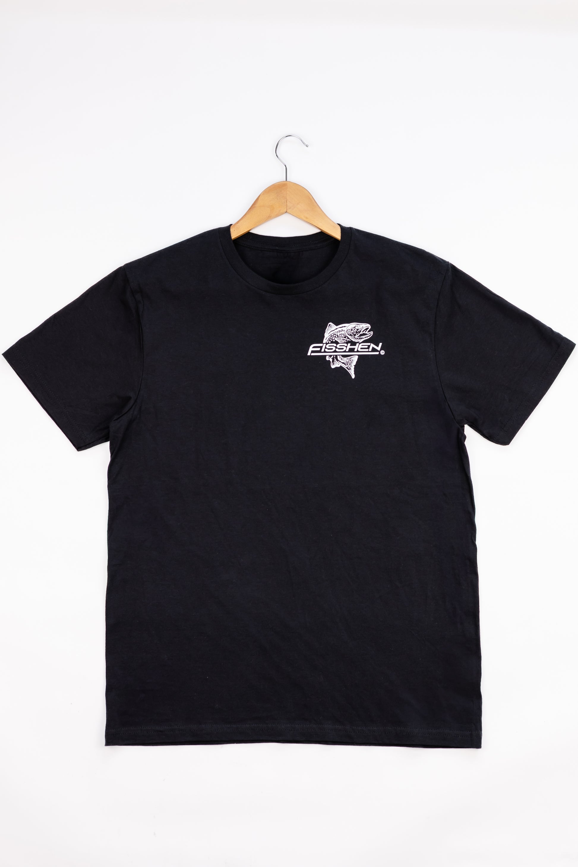 trout logo left chest Fisshen T-shirt. Black colour, soft cotton blend