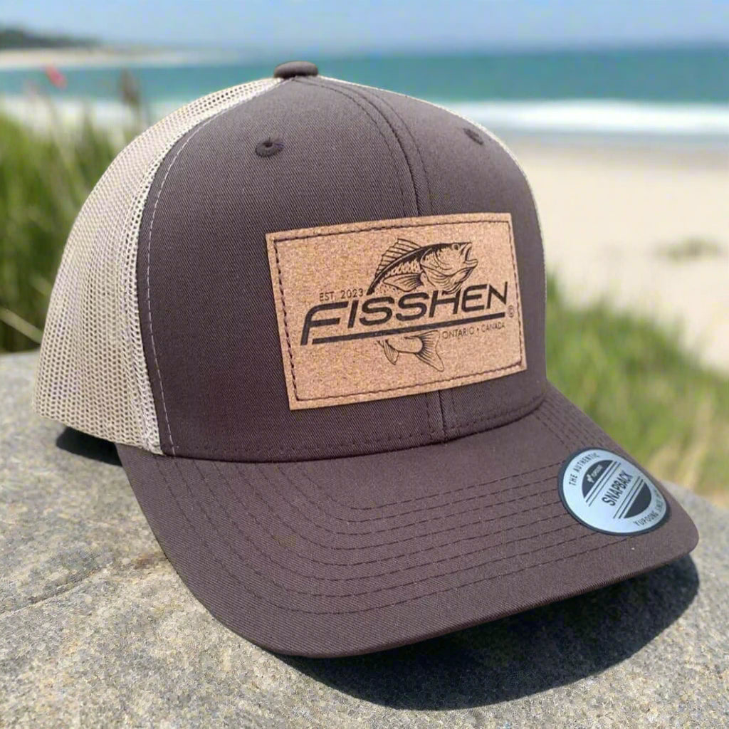 Brown colour Trucker hat with adjustable plastic Snapback Cork Patch with Engraved Fisshen trout Logo