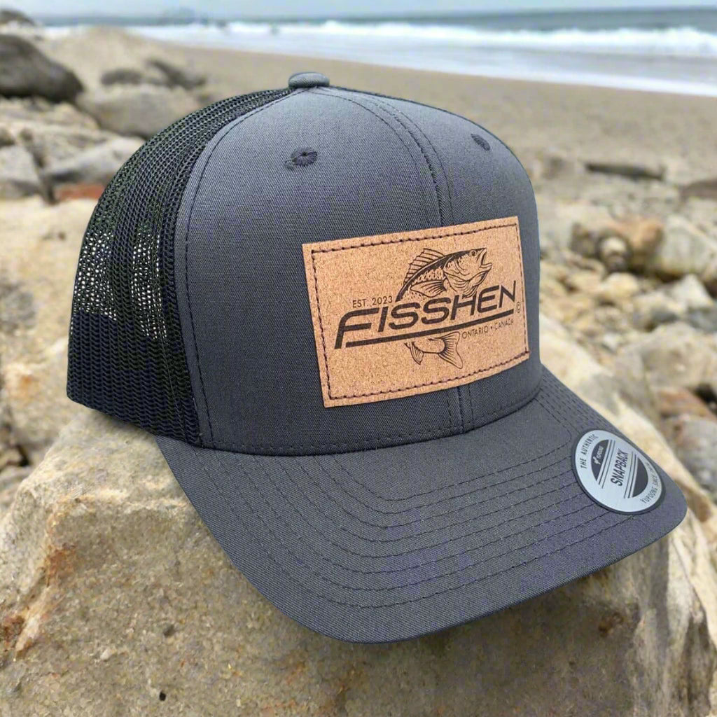 Charcoal colour Trucker hat with plastic Snapback Cork Patch with laser engraved Fisshen trout Logo