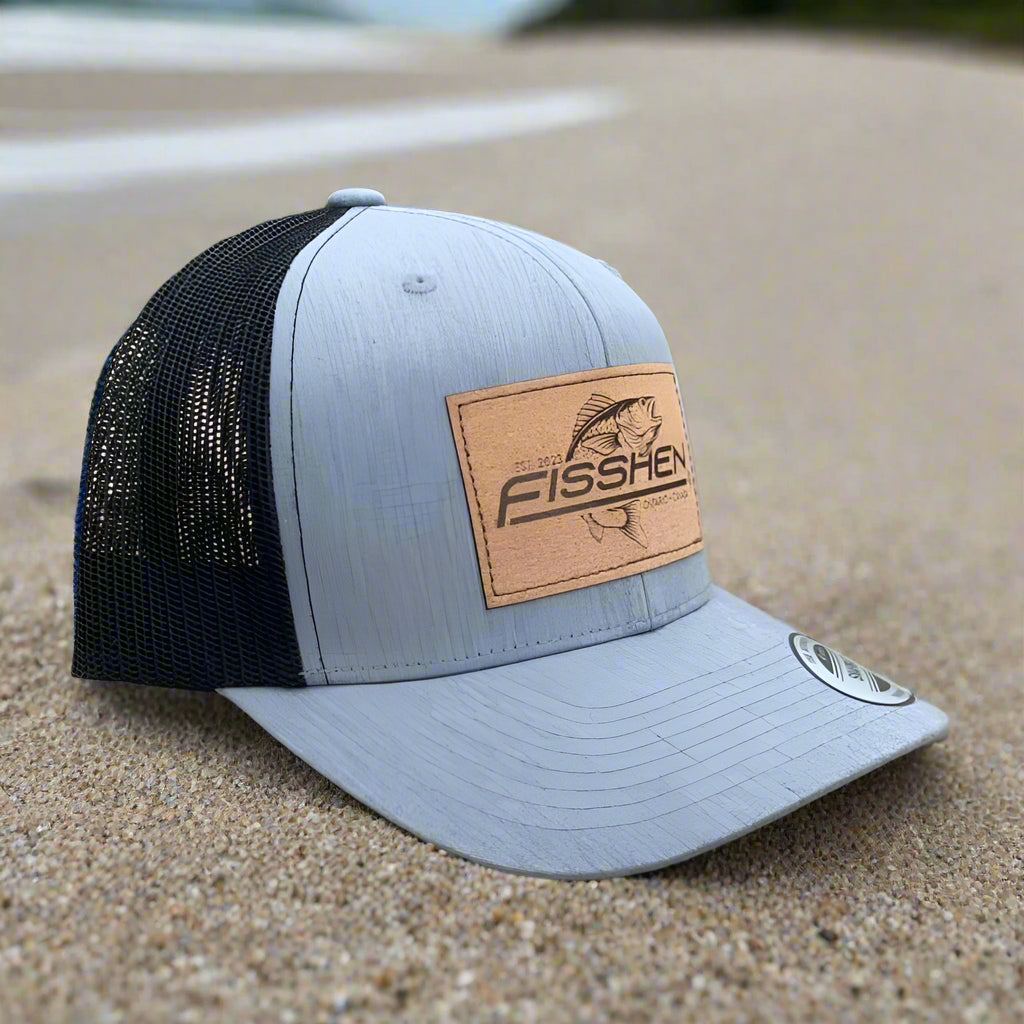 Light Grey colour Trucker hat with plastic Snapback Cork Patch with laser Engraved Fisshen trout Logo meshback