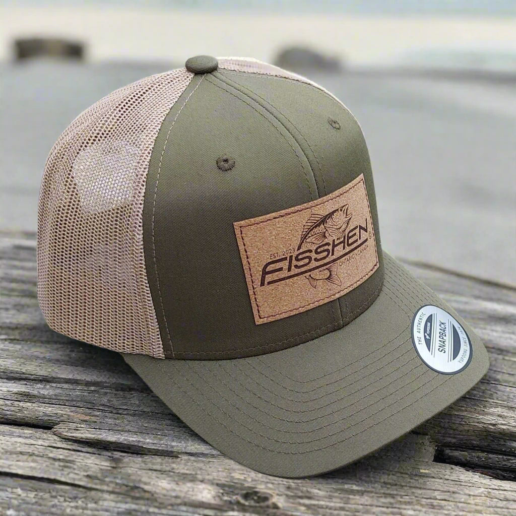 Moss Green colour Trucker hat with adjustable plastic Snapback Cork Patch with laser Engraved Fisshen trout Logo