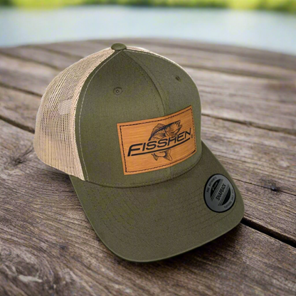 Moss Green Trucker hat with adjustable plastic Snapback with Bamboo laser Engraved Fisshen trout Logo