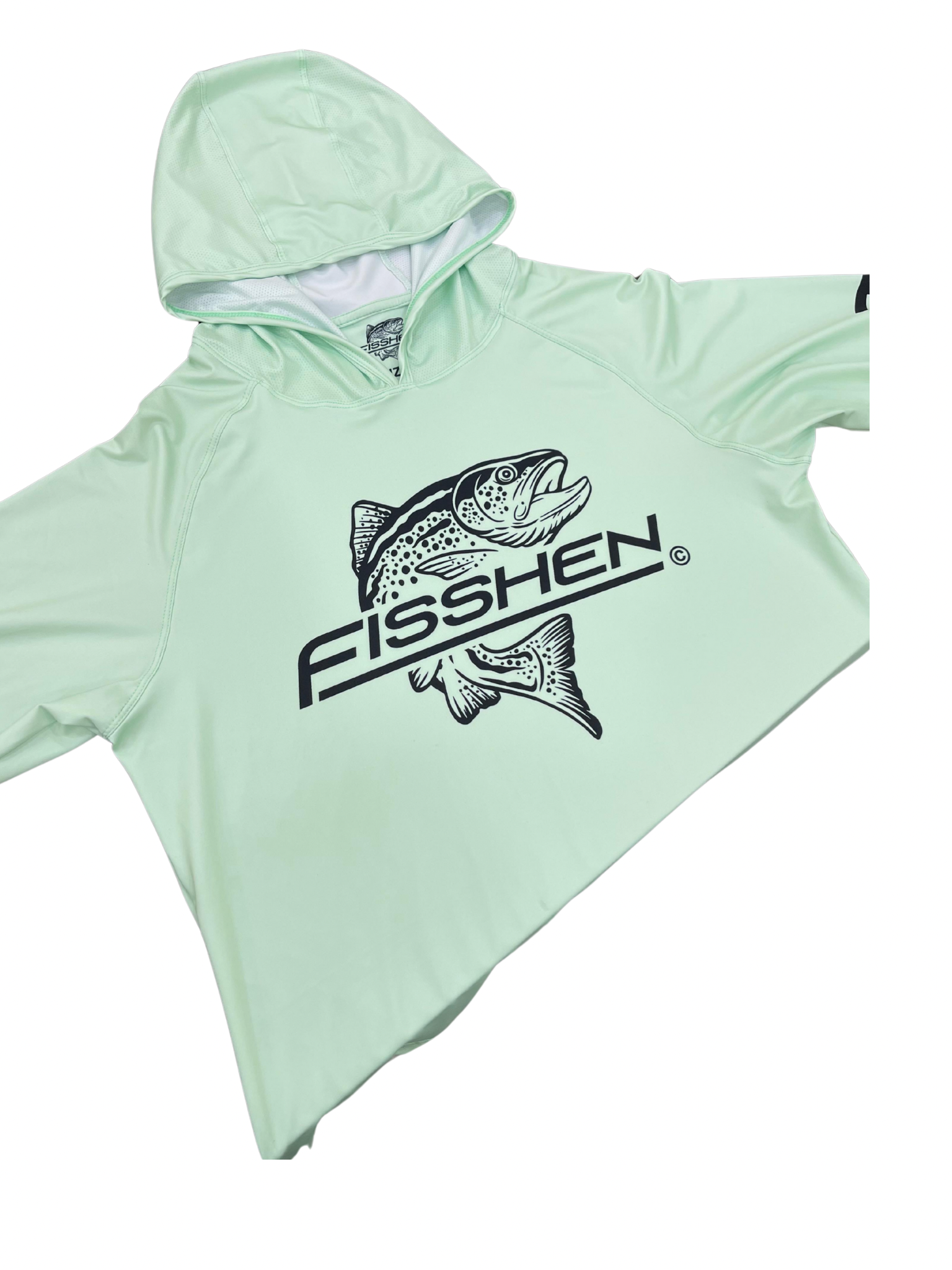 seafoam green spf long sleeve shirt with mesh hood, trout fisshen logo on front and down arm