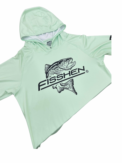 seafoam green spf long sleeve shirt with mesh hood, trout fisshen logo on front and down arm
