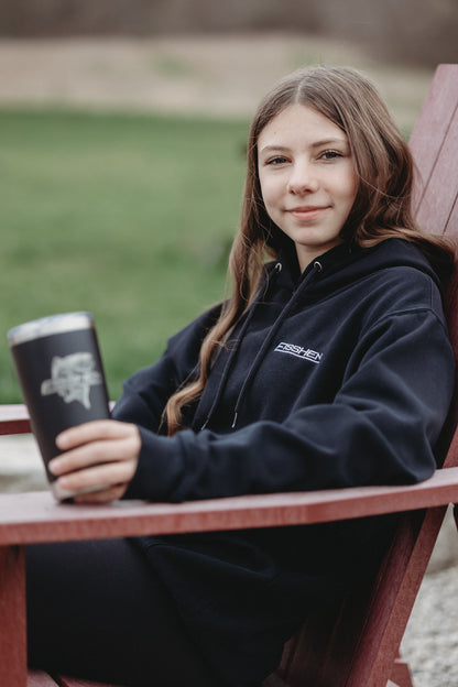 Black tumbler cup with fisshen co logo engraved on the front